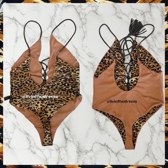 M18 INDAH Reversible Lace Up Leopard Print/Solid One Piece SZ L $198 - Picture 12 of 13